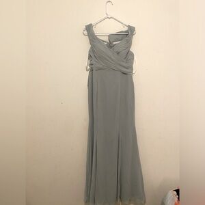 Azazie dress Never worn long off the shoulder size 10 agave color dress.